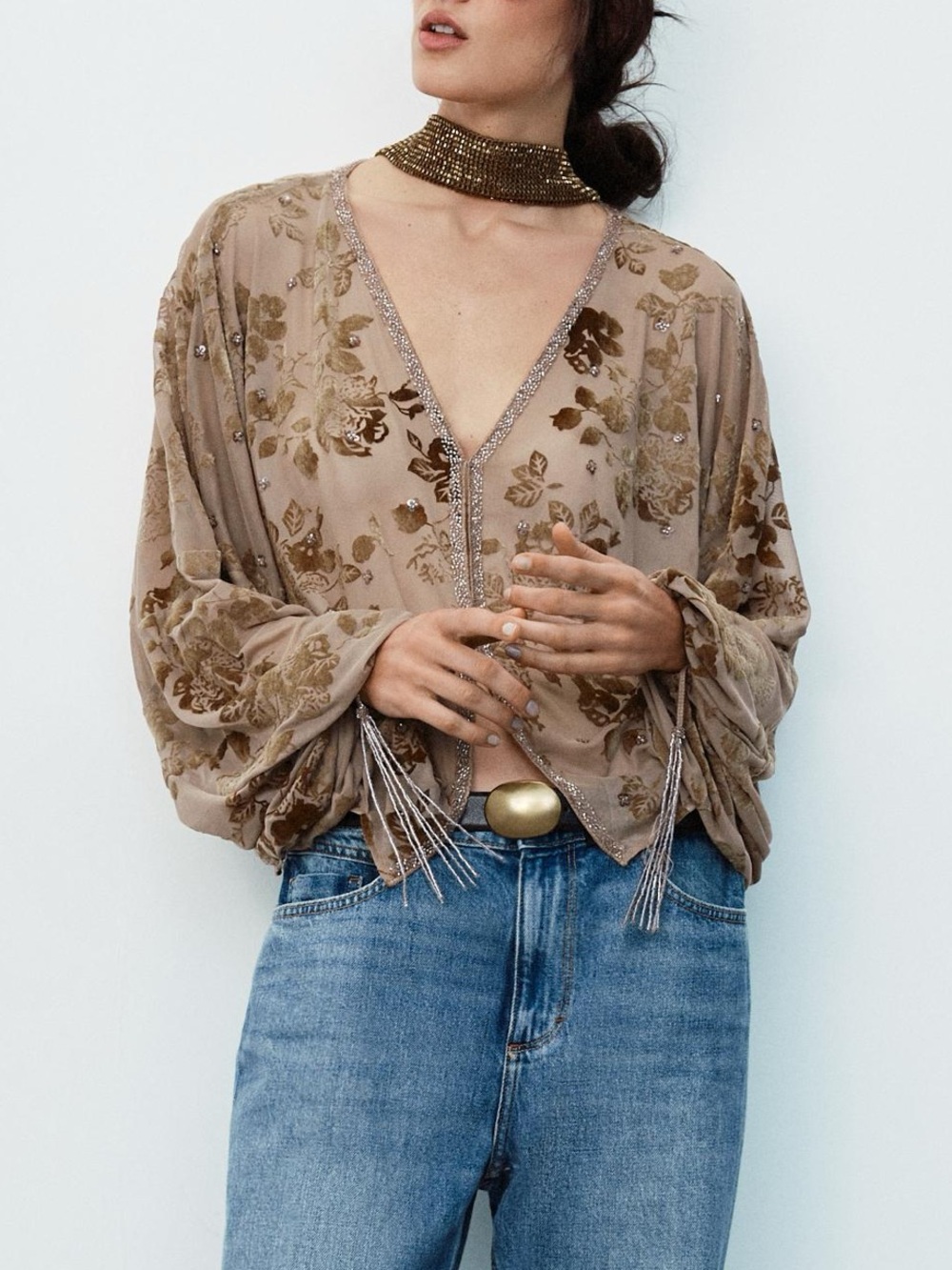 Zara flocked embroidered blouse